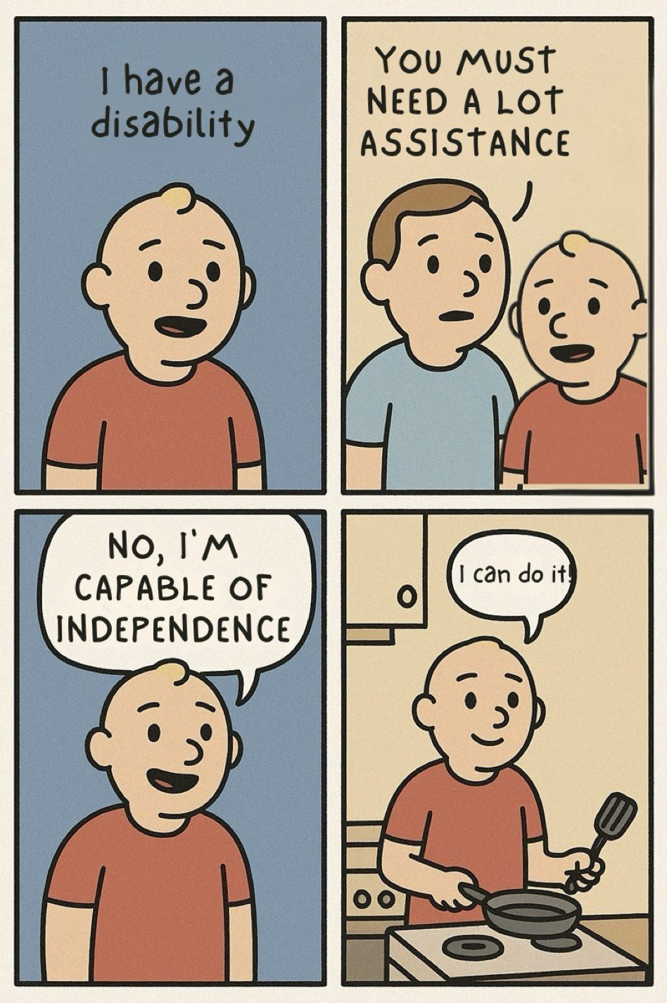 cartoon depicting someone with a disability can be independent
