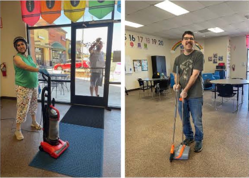 CVTC participants J. M., Andrea J., and Brandon K. sweeping, vacuuming, and cleaning windows while preparing the new Valley Springs location during vocational training.