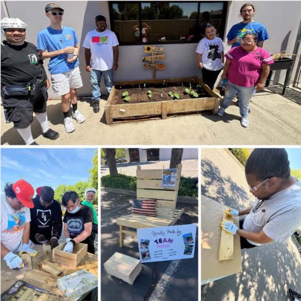 Team NOVA participants at Modesto North building woodworking projects, displaying a raised planter box and handcrafted garden sign during the woodshop class.