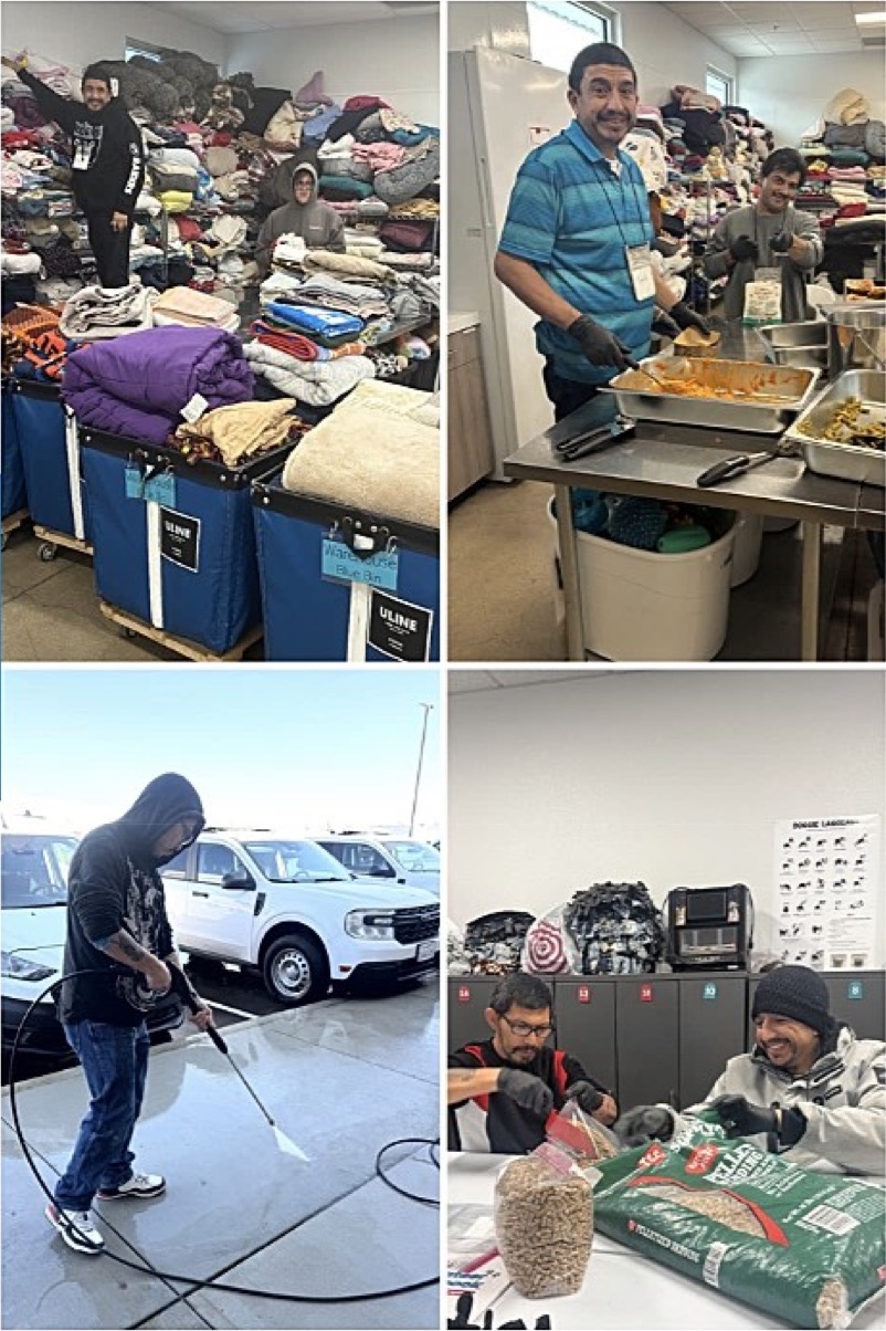 Carlos, Skylar, Mario, and Pete completing internship tasks at the Fresno Animal Shelter, including organizing supplies, restocking materials, and facility maintenance