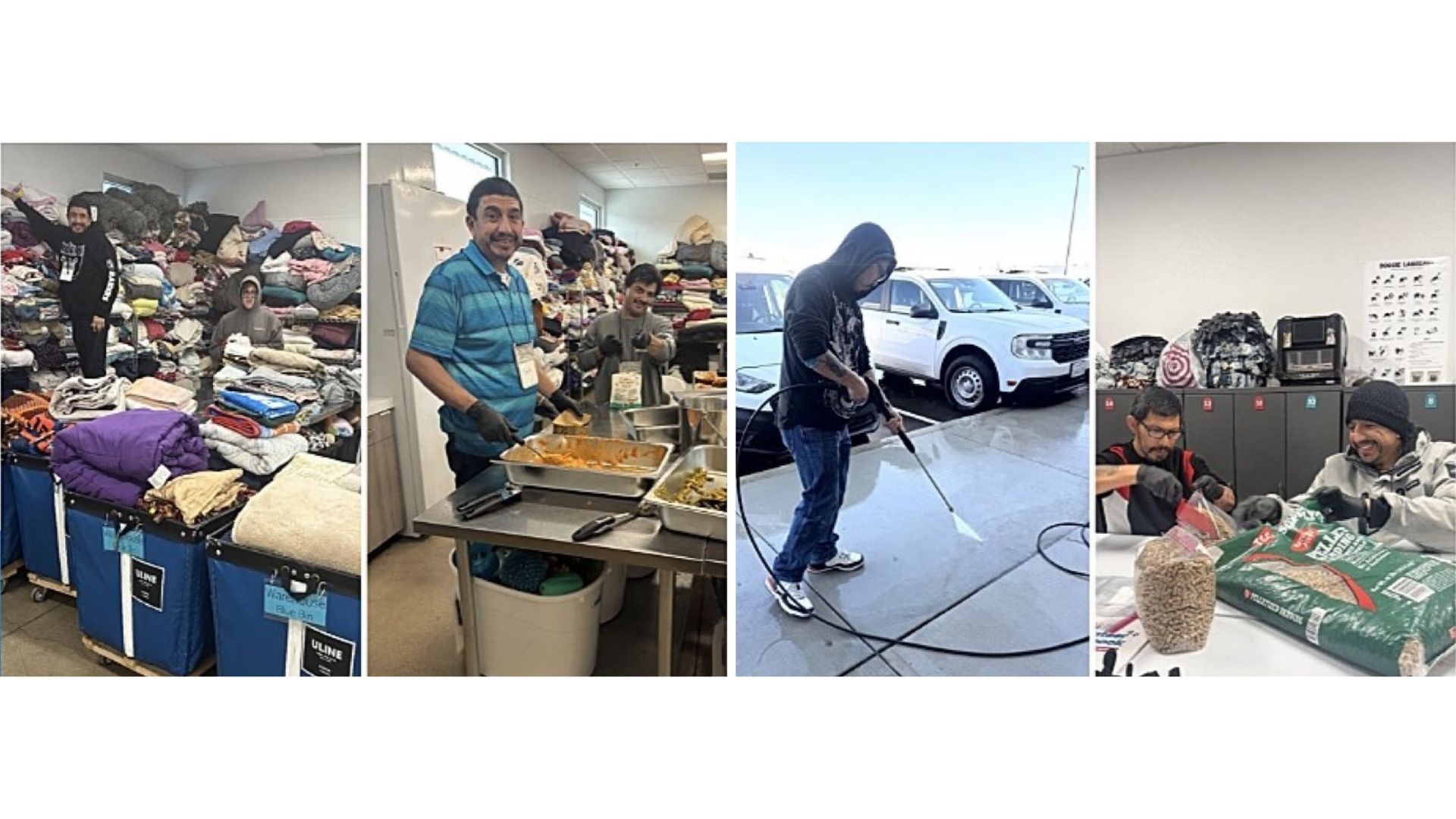 Carlos, Skylar, Mario, and Pete completing internship tasks at the Fresno Animal Shelter, including organizing supplies, restocking materials, and facility maintenance
