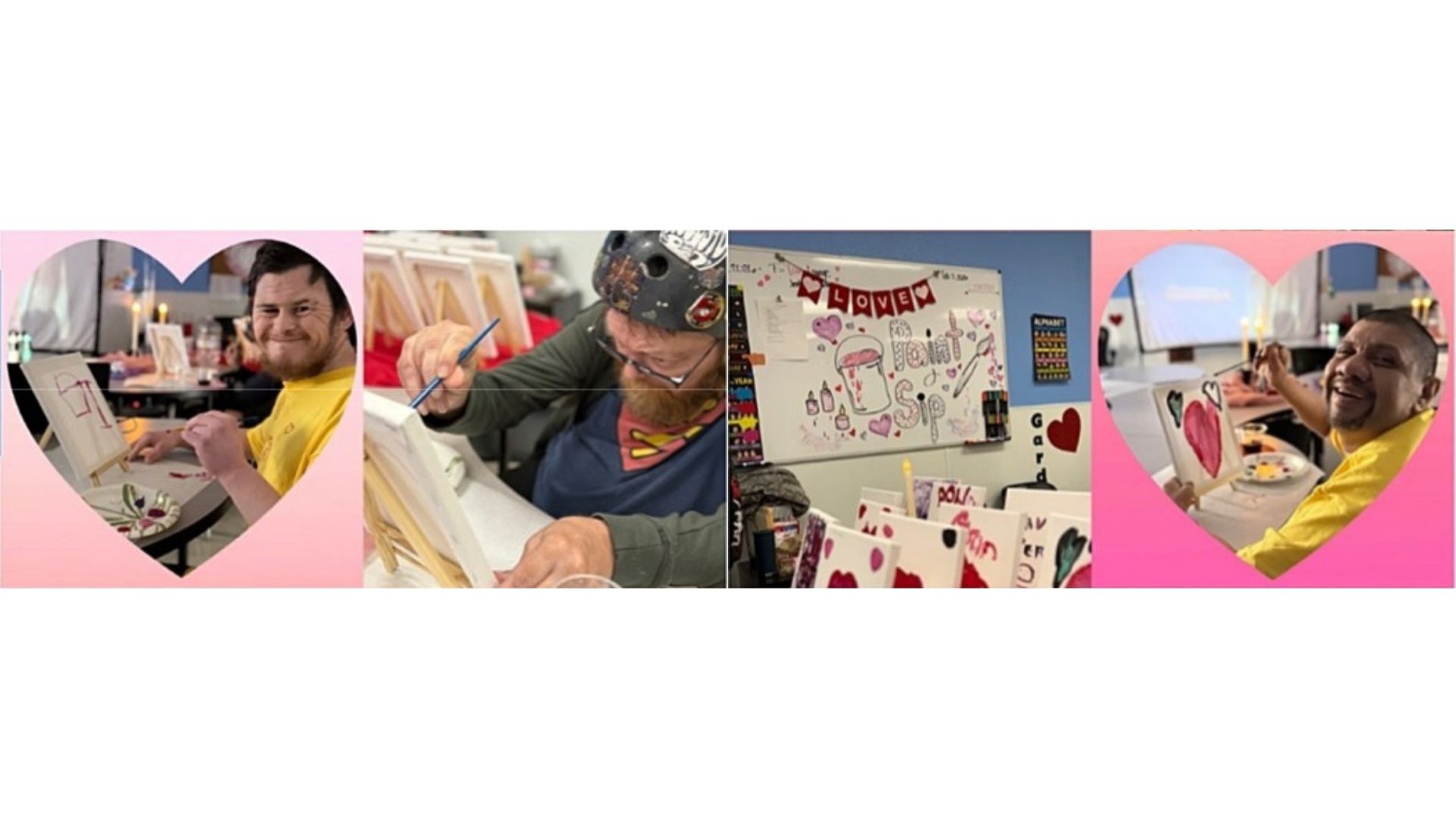 Michael, Ryan, and Tomas participating in the Calm Collective paint-and-sip activity during Modesto North’s Valentine’s celebration