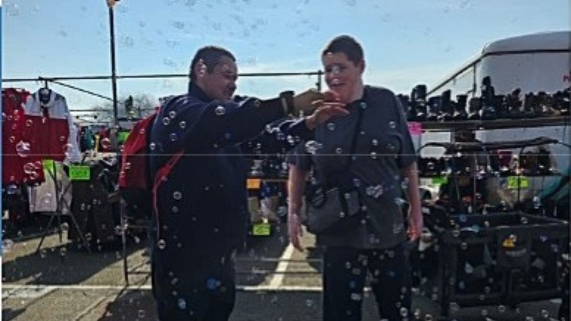 Juan “Panchito” and Daniel enjoying bubbles and exploring vendors at Fresno’s Cherry Auction Swap Meet