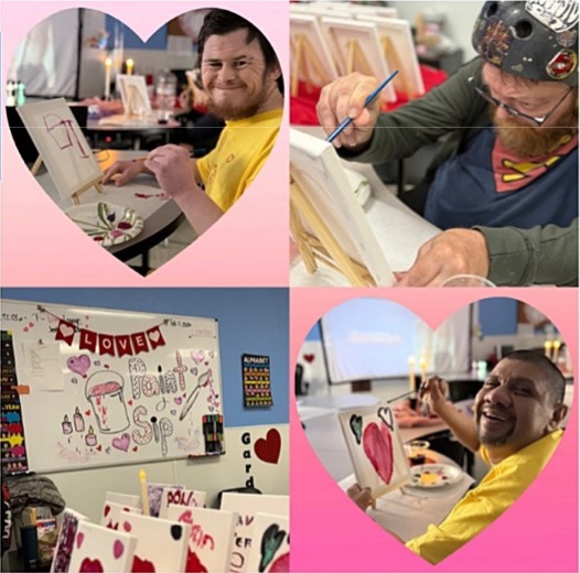 Michael, Ryan, and Tomas participating in the Calm Collective paint-and-sip activity during Modesto North’s Valentine’s celebration