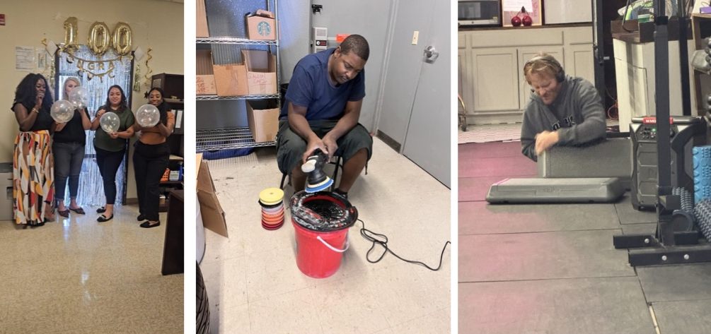  Left: Visalia management team celebrating 100 participants. Center: Lee at work preparing a machine to clean a work site. Right: Gordon finishing a piece of equipment at a work site.