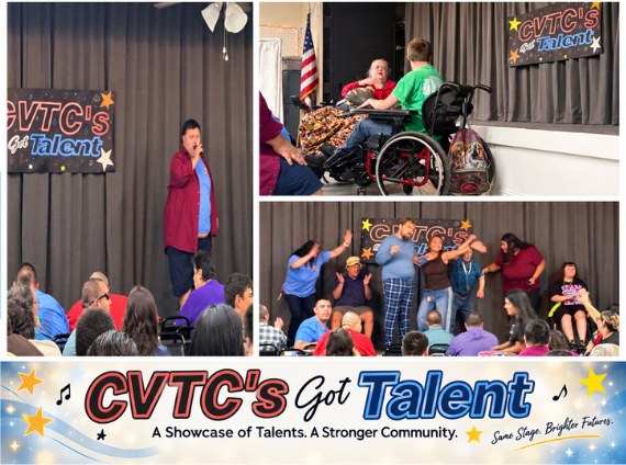 Collage of Merced participants performing on stage at the CVTC’s Got Talent show, with the show banner below.