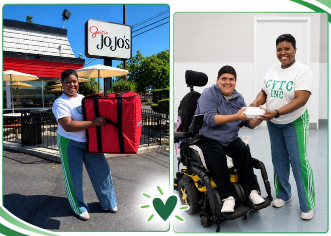 Lead instructor Jessica carrying a red delivery bag outside Garcia JoJo’s, and handing a boxed lunch to Coco at CVTC Modesto South.