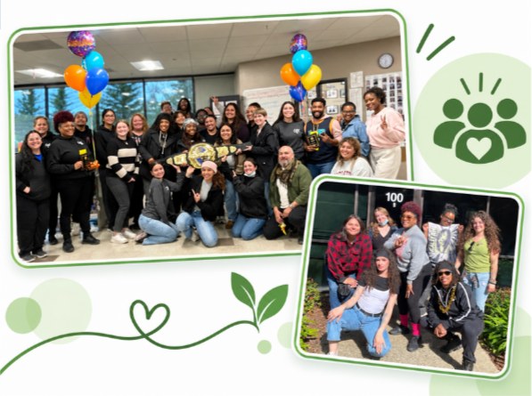 Two group photos of the CVTC Sacramento team, one indoors with balloons and one outdoors.