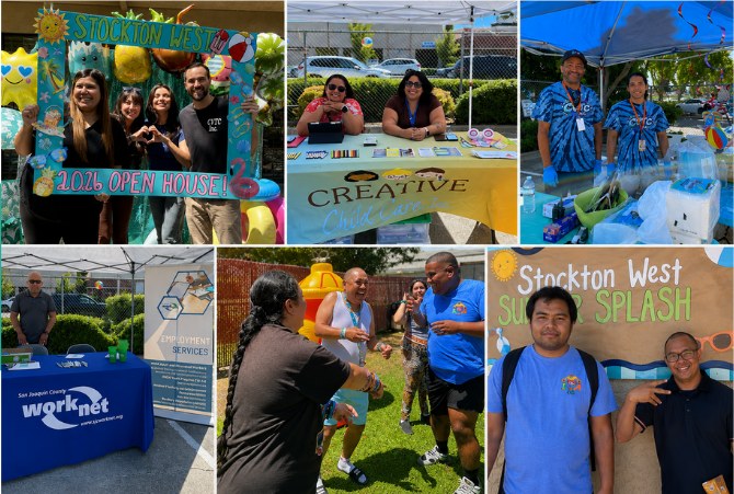 Collage from the Stockton West Open House and Art Hop: staff with a 2026 Open House photo frame, craft and information tables, and participants enjoying the day.